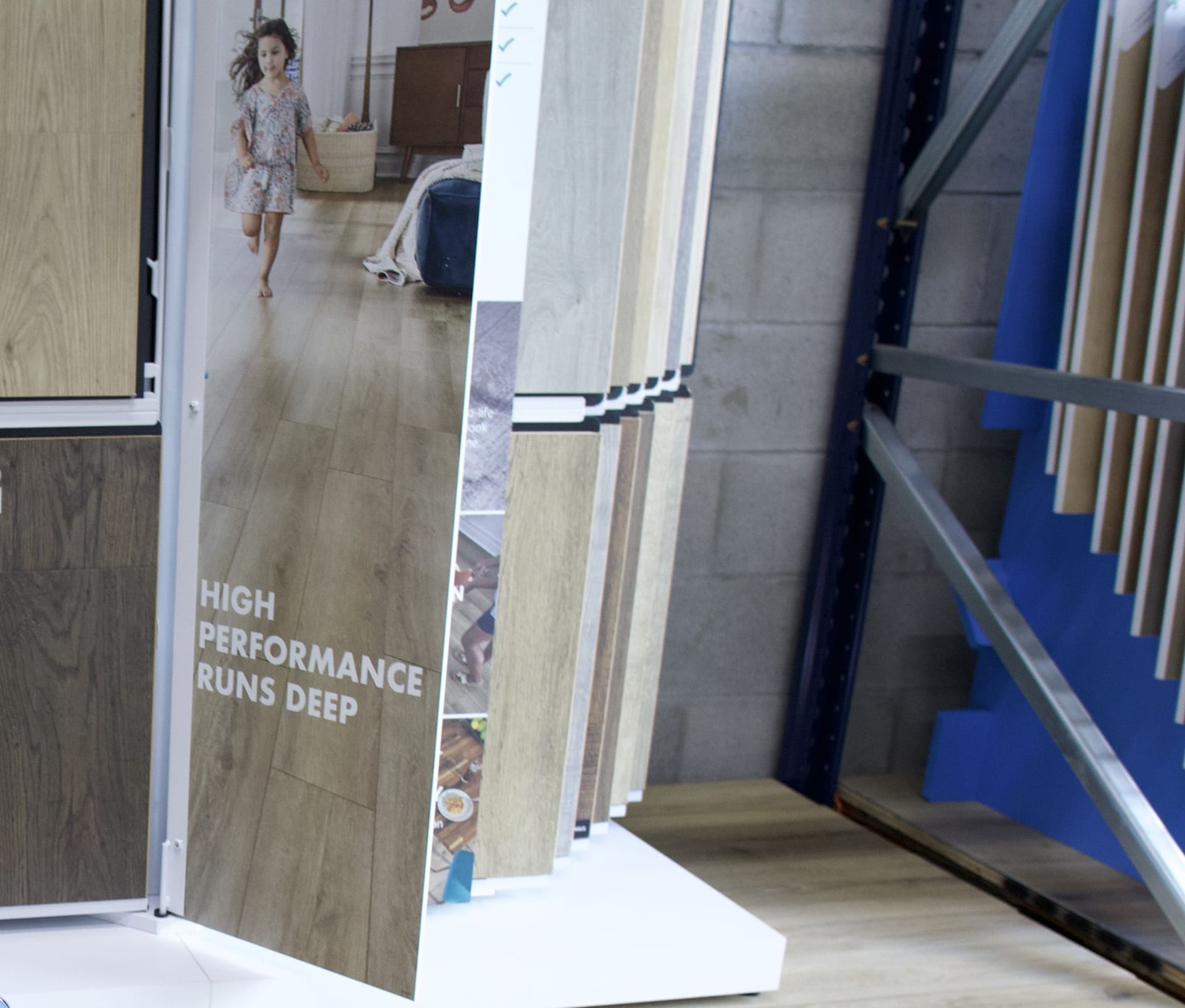 Pergo flooring samples on display in the Mr. Wright Flooring showroom