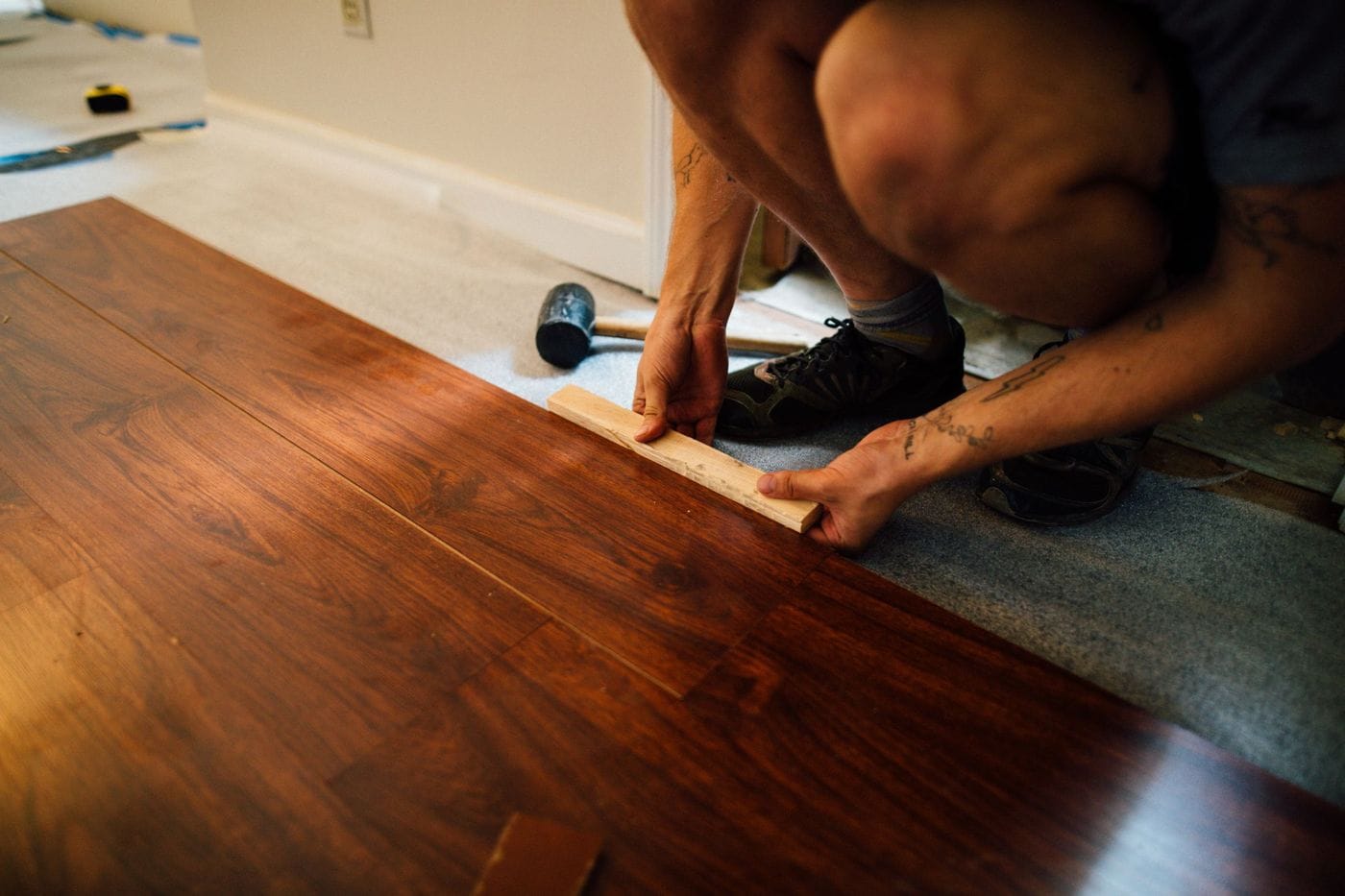 Flooring planks being installed