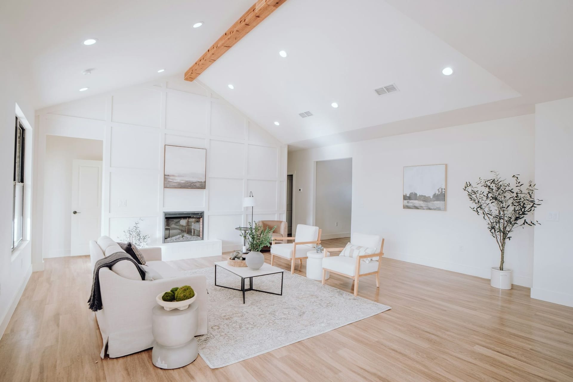 Bright living room with a newly installed wood-look floor